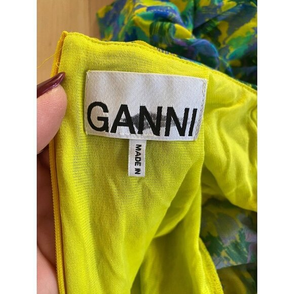 GANNI Ruched Mesh mini dress womens yellow green "Sulphur" dress sz 36 *Zip flaw - Picture 5 of 8